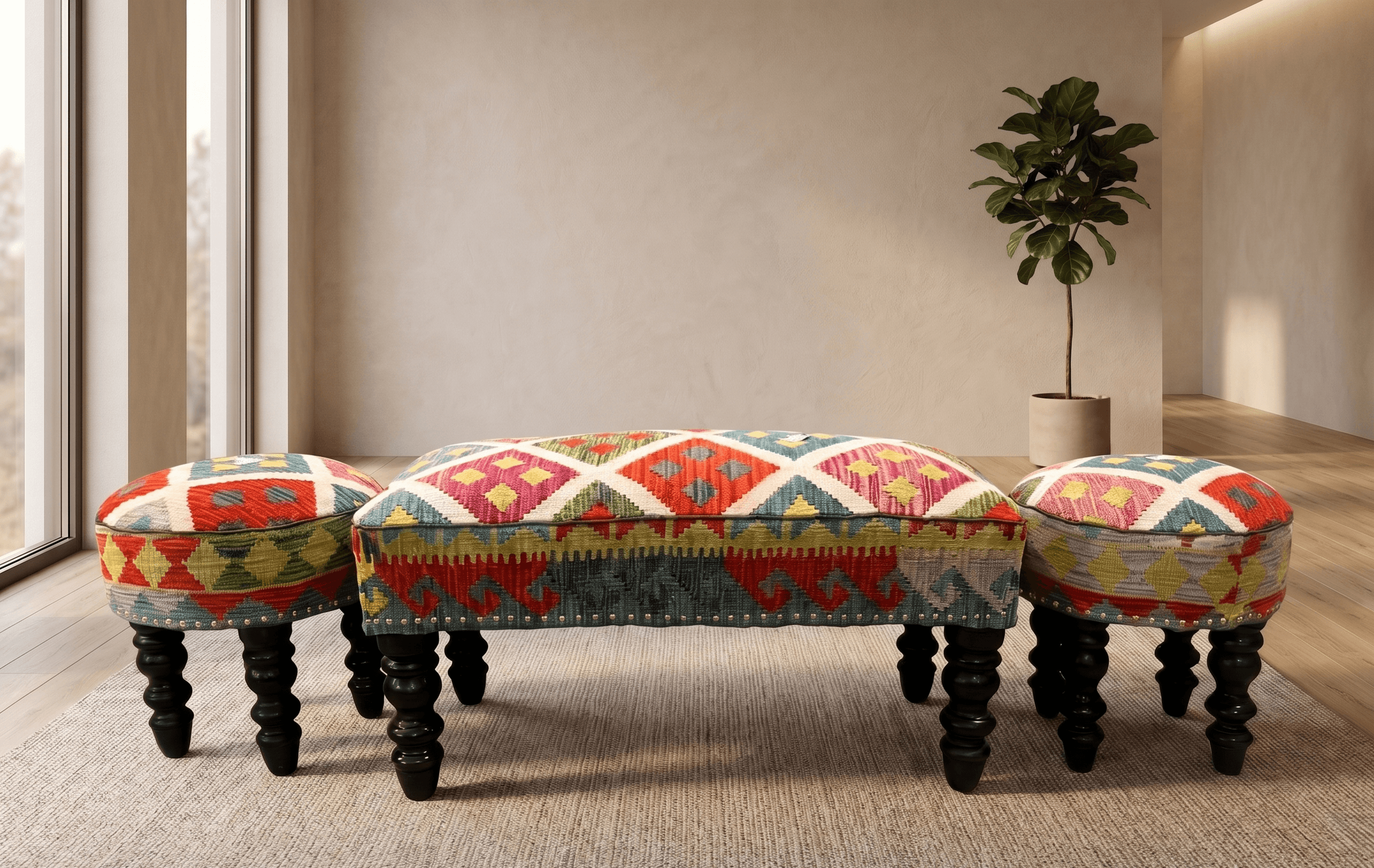 Luxury Kilim Upholstered Ottoman Bench Set