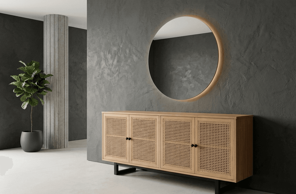 Mango Wood Side Board With Natural Canne
